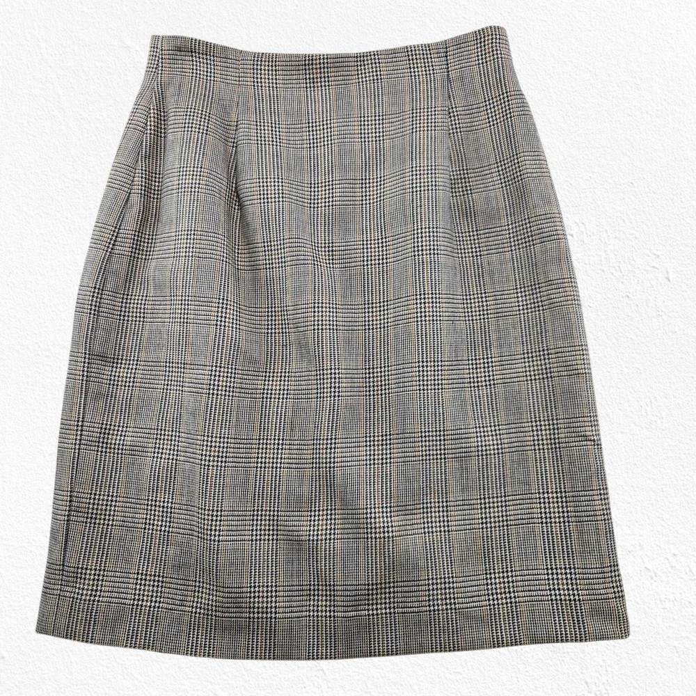 Halston Gray Tan Glen Check Wool Plaid Tailored Straight A-Line Skirt Size 10